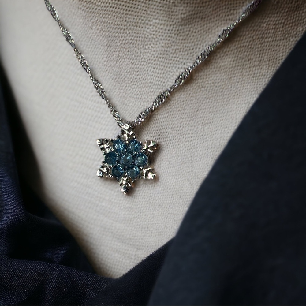 Blue Cubic Zirconia Necklace Snowflake Winter Holiday Pendant